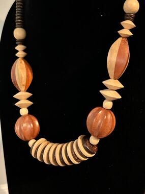 Vintage Chunky Wooden Statement Necklace 26" Brown Beige Cream Geometric Beads